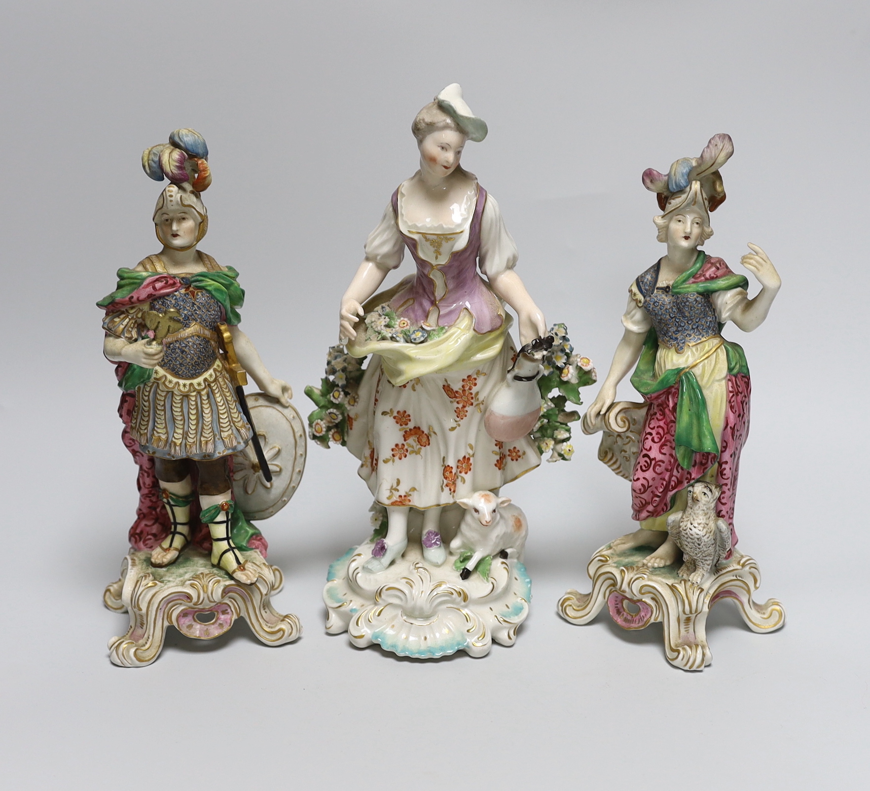 A Derby Shepherdess figure and two allegorical figures possibly Samson, tallest, 25cm